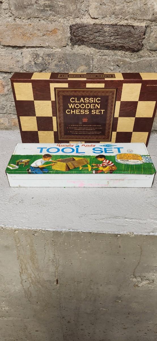 Sale Photo Thumbnail #443: Neat vintage toy box with various goodies in it and a brand new wooden chess set