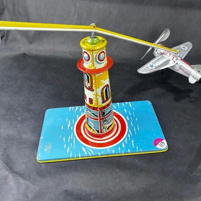 Vintage Tin Litho | Sky Rangers Blimp Light House & Plane | Unique Art