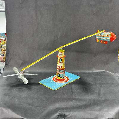 Vintage Tin Litho | Sky Rangers Blimp Light House & Plane | Unique Art