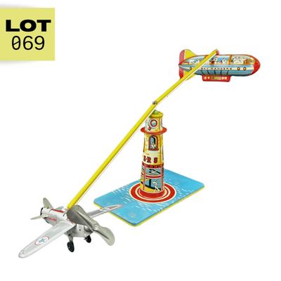 Vintage Tin Litho | Sky Rangers Blimp Light House & Plane | Unique Art