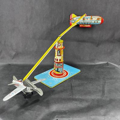 Vintage Tin Litho | Sky Rangers Blimp Light House & Plane | Unique Art