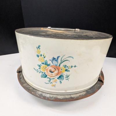 Vintage Cake Carrier Flowers Blue Tulip Yellow Rose Metal Cake Keeper