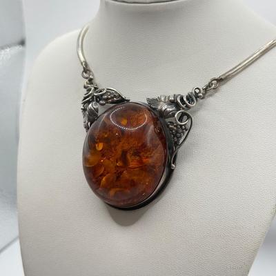 LOT 543J: Gorgeous Amber & 925 Sterling Silver Artisan Amulet Necklace