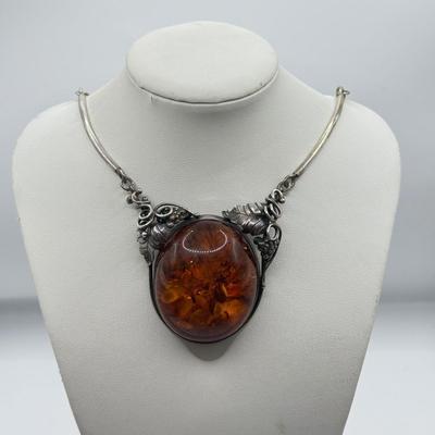 LOT 543J: Gorgeous Amber & 925 Sterling Silver Artisan Amulet Necklace