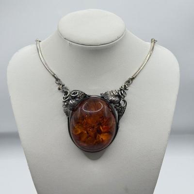 LOT 543J: Gorgeous Amber & 925 Sterling Silver Artisan Amulet Necklace