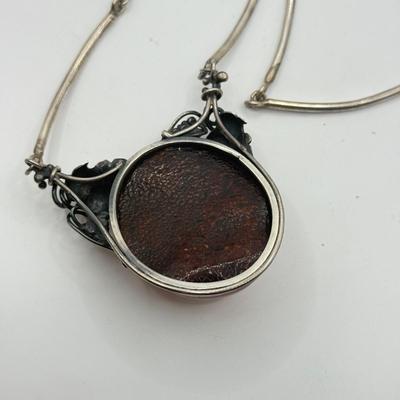LOT 543J: Gorgeous Amber & 925 Sterling Silver Artisan Amulet Necklace