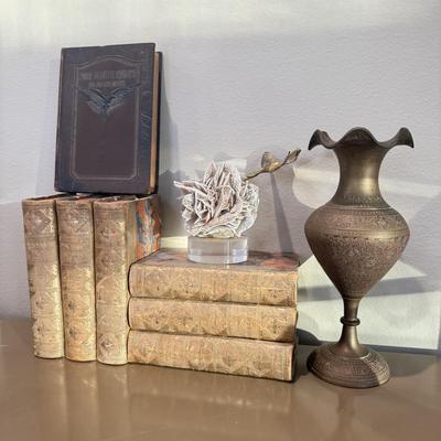 LOT 548L: Etched Brass Vase, Four Minute Essays, Ruffle Sculpture & More Books