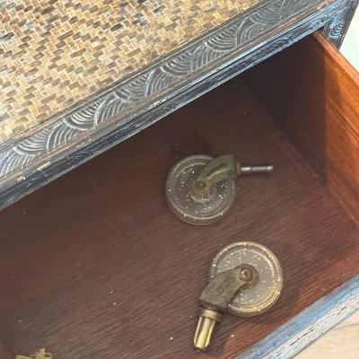 LOT 549F: Wooden Dragon Decor, Long Red Cheat & Side Table w/ Metal Accents