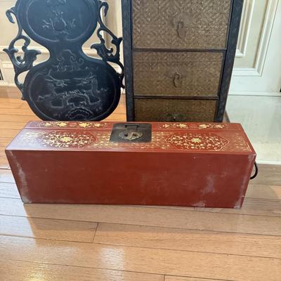 LOT 549F: Wooden Dragon Decor, Long Red Cheat & Side Table w/ Metal Accents