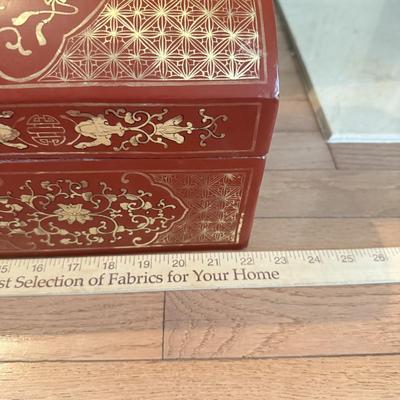 LOT 549F: Wooden Dragon Decor, Long Red Cheat & Side Table w/ Metal Accents