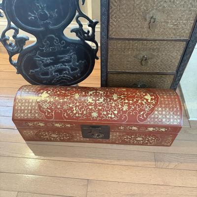 LOT 549F: Wooden Dragon Decor, Long Red Cheat & Side Table w/ Metal Accents