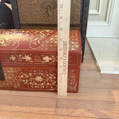 LOT 549F: Wooden Dragon Decor, Long Red Cheat & Side Table w/ Metal Accents