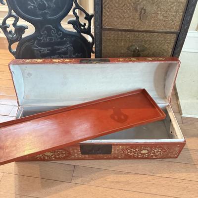 LOT 549F: Wooden Dragon Decor, Long Red Cheat & Side Table w/ Metal Accents