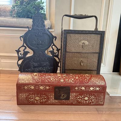 LOT 549F: Wooden Dragon Decor, Long Red Cheat & Side Table w/ Metal Accents