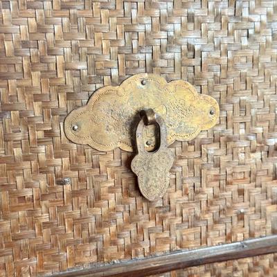 LOT 549F: Wooden Dragon Decor, Long Red Cheat & Side Table w/ Metal Accents