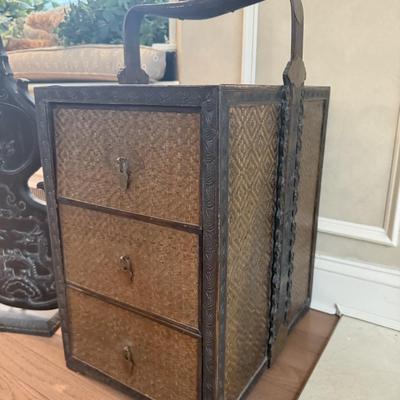 LOT 549F: Wooden Dragon Decor, Long Red Cheat & Side Table w/ Metal Accents