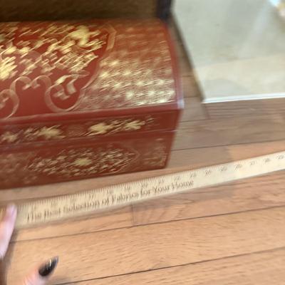 LOT 549F: Wooden Dragon Decor, Long Red Cheat & Side Table w/ Metal Accents