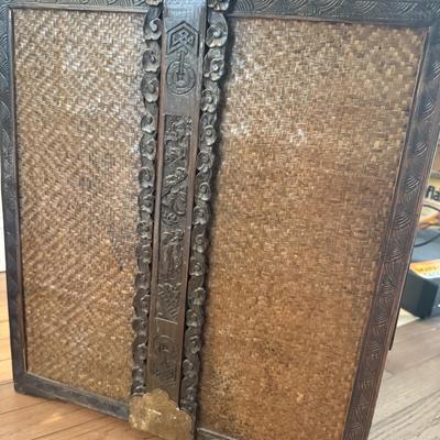 LOT 549F: Wooden Dragon Decor, Long Red Cheat & Side Table w/ Metal Accents