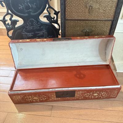 LOT 549F: Wooden Dragon Decor, Long Red Cheat & Side Table w/ Metal Accents