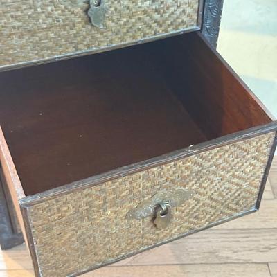 LOT 549F: Wooden Dragon Decor, Long Red Cheat & Side Table w/ Metal Accents