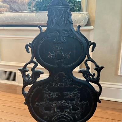 LOT 549F: Wooden Dragon Decor, Long Red Cheat & Side Table w/ Metal Accents