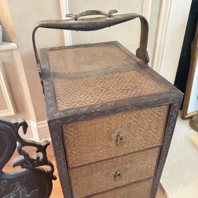 LOT 549F: Wooden Dragon Decor, Long Red Cheat & Side Table w/ Metal Accents