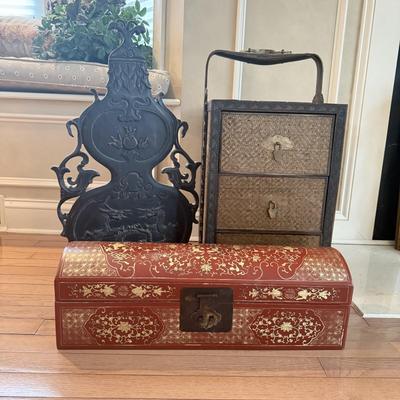 LOT 549F: Wooden Dragon Decor, Long Red Cheat & Side Table w/ Metal Accents