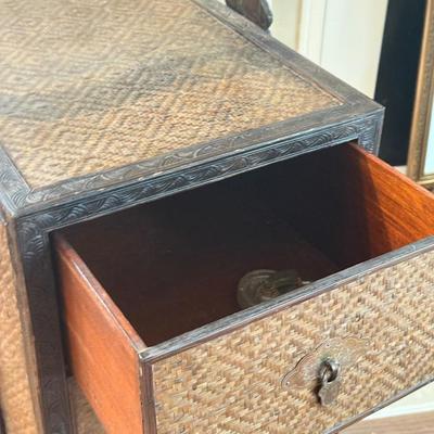 LOT 549F: Wooden Dragon Decor, Long Red Cheat & Side Table w/ Metal Accents