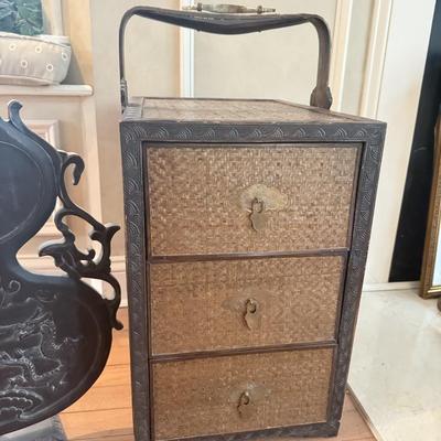 LOT 549F: Wooden Dragon Decor, Long Red Cheat & Side Table w/ Metal Accents