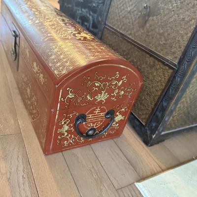 LOT 549F: Wooden Dragon Decor, Long Red Cheat & Side Table w/ Metal Accents