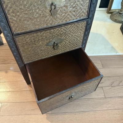 LOT 549F: Wooden Dragon Decor, Long Red Cheat & Side Table w/ Metal Accents