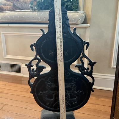 LOT 549F: Wooden Dragon Decor, Long Red Cheat & Side Table w/ Metal Accents