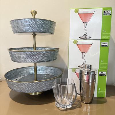LOT 550F: Party-Ready! NIB Libbey Martini Glasses, Cocktail Shaker & More