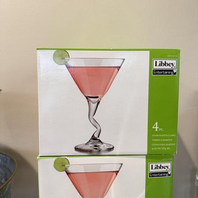 LOT 550F: Party-Ready! NIB Libbey Martini Glasses, Cocktail Shaker & More
