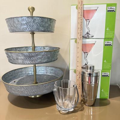 LOT 550F: Party-Ready! NIB Libbey Martini Glasses, Cocktail Shaker & More
