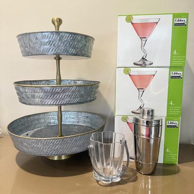 LOT 550F: Party-Ready! NIB Libbey Martini Glasses, Cocktail Shaker & More