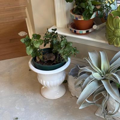 LOT 540K: Faux & Real Plants, Planters & Stained Glass Mermaid Window Hanging