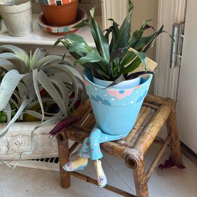 LOT 540K: Faux & Real Plants, Planters & Stained Glass Mermaid Window Hanging