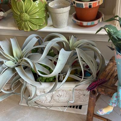 LOT 540K: Faux & Real Plants, Planters & Stained Glass Mermaid Window Hanging