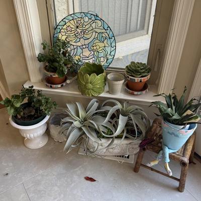LOT 540K: Faux & Real Plants, Planters & Stained Glass Mermaid Window Hanging