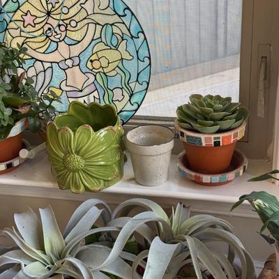 LOT 540K: Faux & Real Plants, Planters & Stained Glass Mermaid Window Hanging