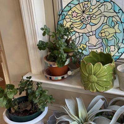 LOT 540K: Faux & Real Plants, Planters & Stained Glass Mermaid Window Hanging