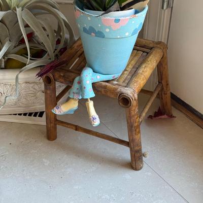 LOT 540K: Faux & Real Plants, Planters & Stained Glass Mermaid Window Hanging