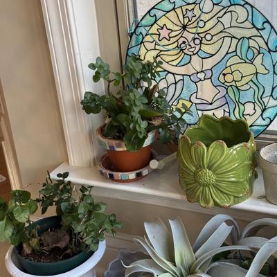 LOT 540K: Faux & Real Plants, Planters & Stained Glass Mermaid Window Hanging