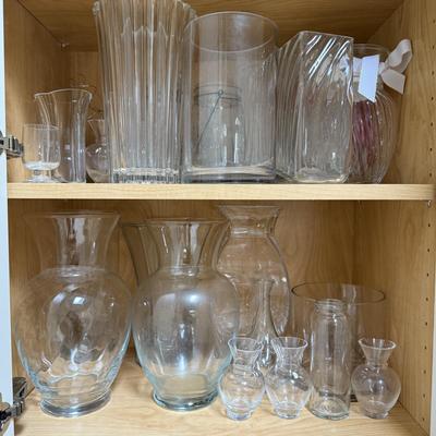 LOT 568K: Cabinet of Clear Glass Vases & More