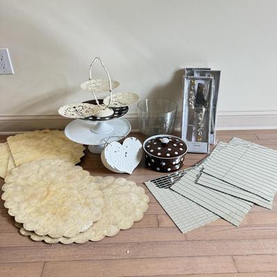 LOT 574D: Cake Plates, Abalone Shell & Disco Tile Placemats and More