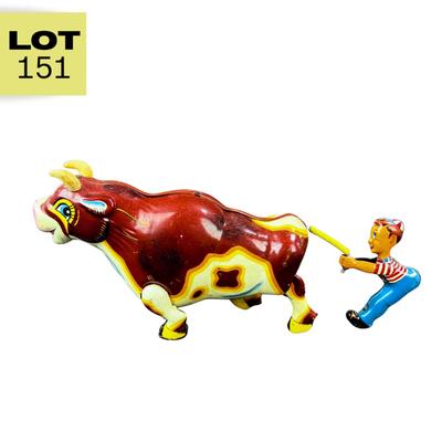 Vintage Wind-Up | Wild Roaring Bull and Boy | Mikuni