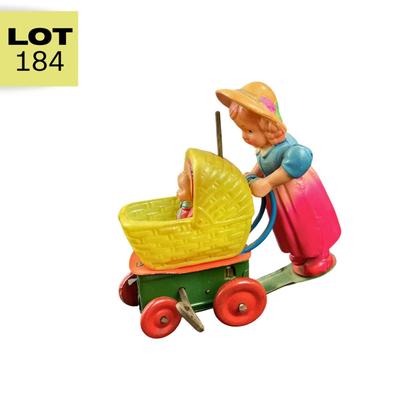 Vintage Celluloid and Tin Wind-Up | Girl and Buggy