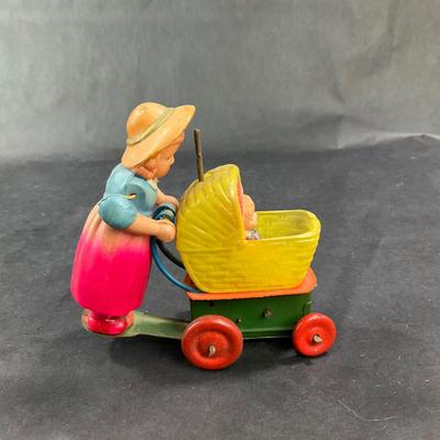 Vintage Celluloid and Tin Wind-Up | Girl and Buggy