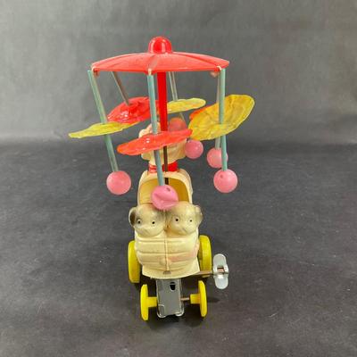 Vintage Celluloid and Tin | Poodle Pushing Carriage